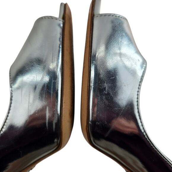 Prada Pumps Women 8.5 38.5 Authentic Metallic Silver Leather Block Heel Peep Toe - Picture 12 of 16